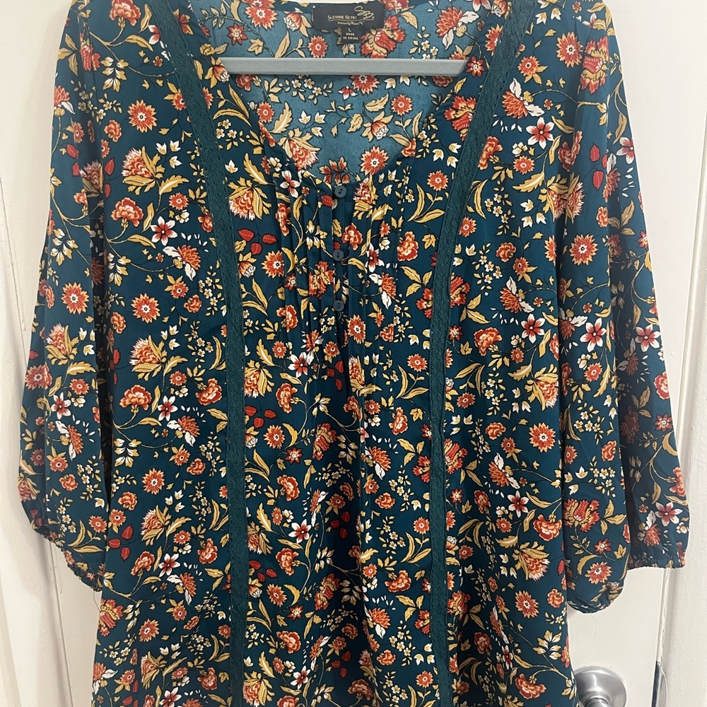 Suzanna Betro Teal Floral Blouse